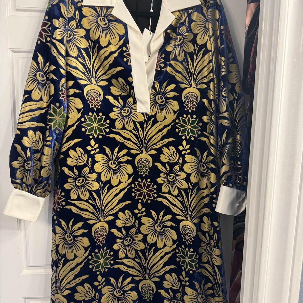Tory Burch Thelma Gold and Blue Floral Long Sleeve Dress